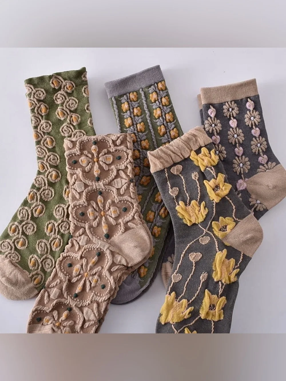 Embroidered Floral Crew Socks - Olive, Taupe, Gray, Mustard 5pc women’s new
